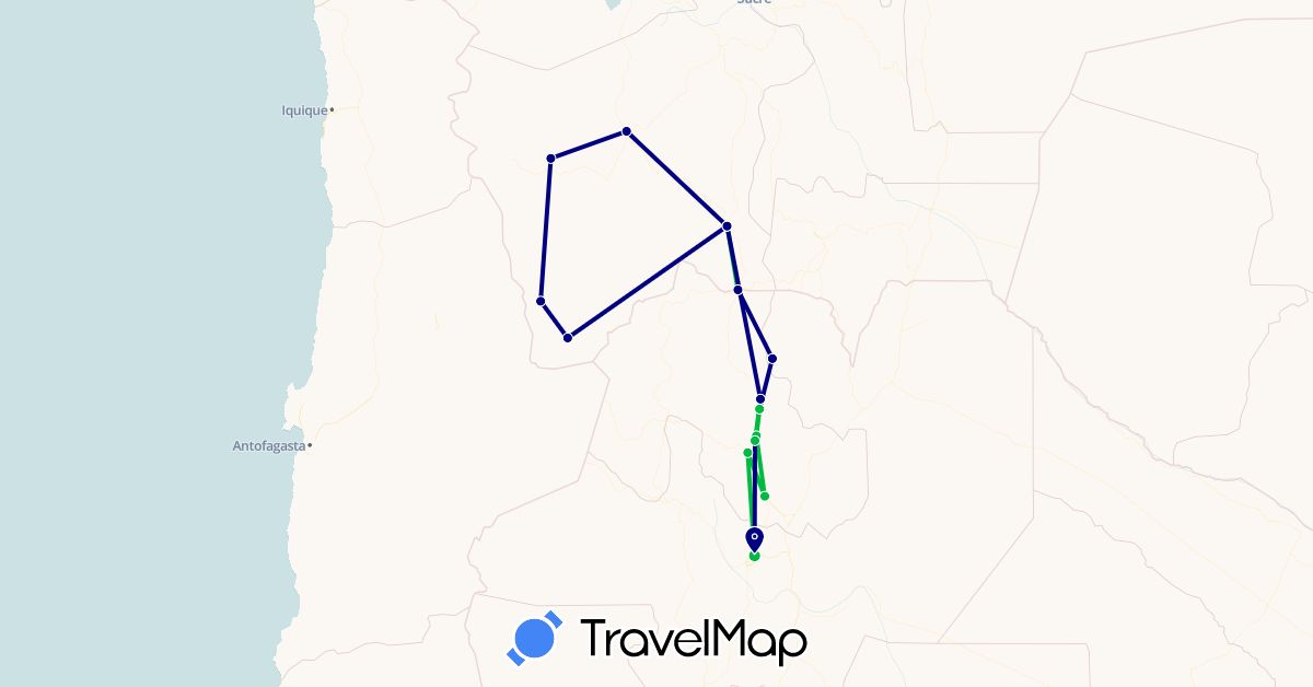 TravelMap itinerary: driving, bus, plane in Argentina, Bolivia (South America)